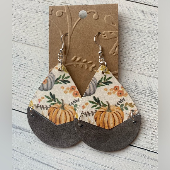 Fall Leather Earrings, Muted Orange, Mustard & Gray, Handmade - Picture 1 of 5